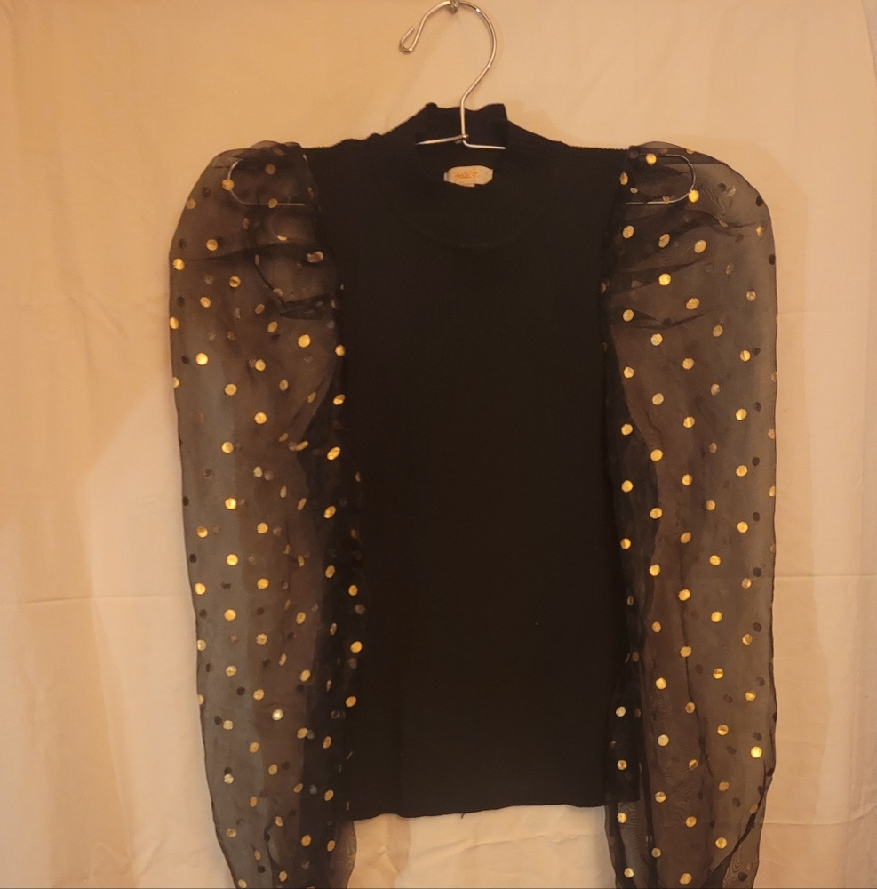 Elegant Black Sweater with Gold Polka Dot Sleeves